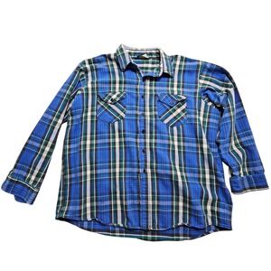 Vintage OshKosh Bgosh Mens Plaid Flannel Shirt Blue Green Long Sleeve Large XL